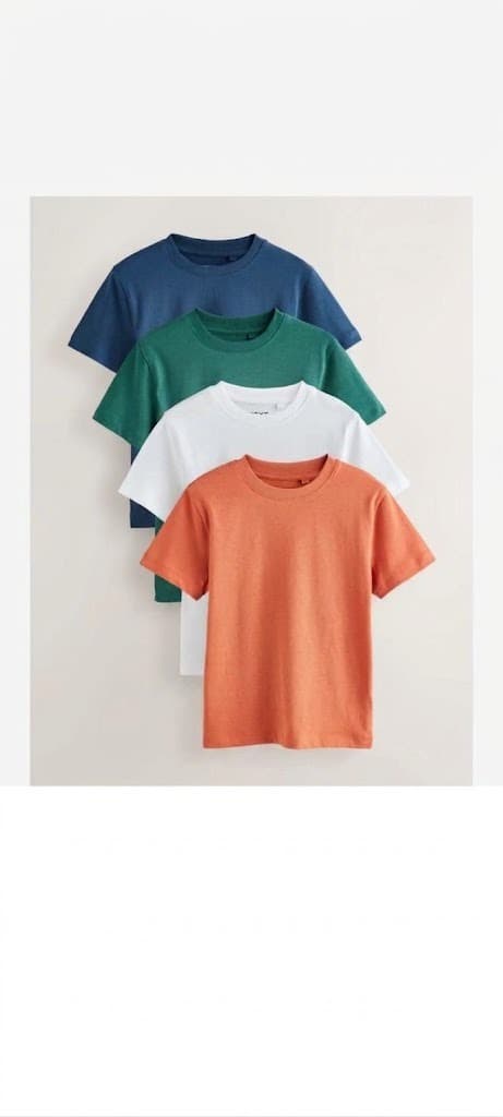 Four men's t-shirts in navy, green, white and orange