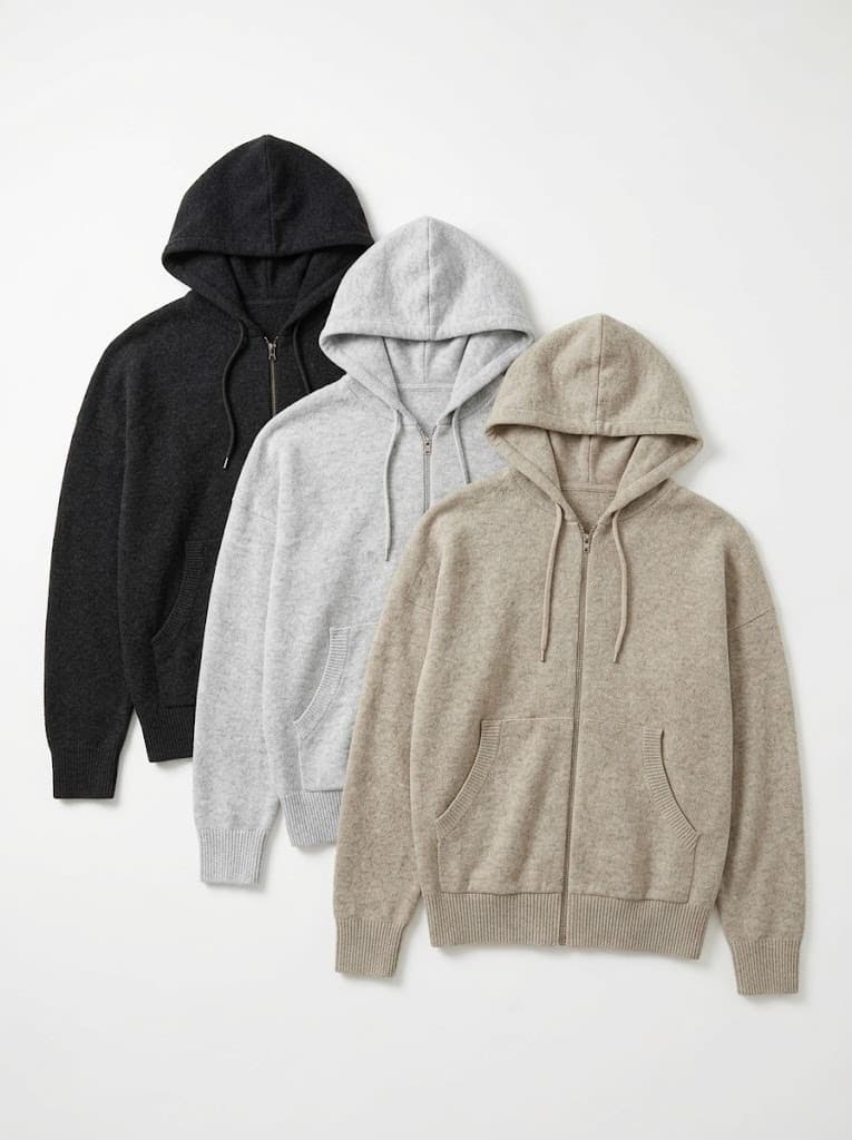 Three men's zip hoodies in charcoal, light grey and beige