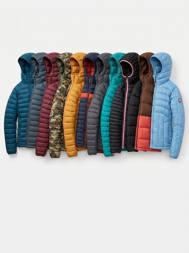 Row of hooded down jackets in teal, burgundy, camo, mustard and blue