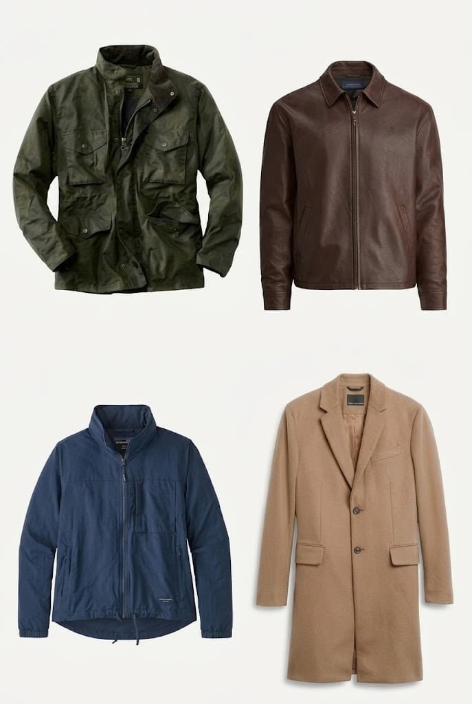 Four jackets in a two-row grid: olive field jacket, brown leather jacket, navy windbreaker and camel coat