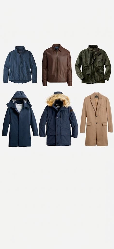 Men's outerwear with blue jacket, brown leather jacket, field jacket, parka and camel coat