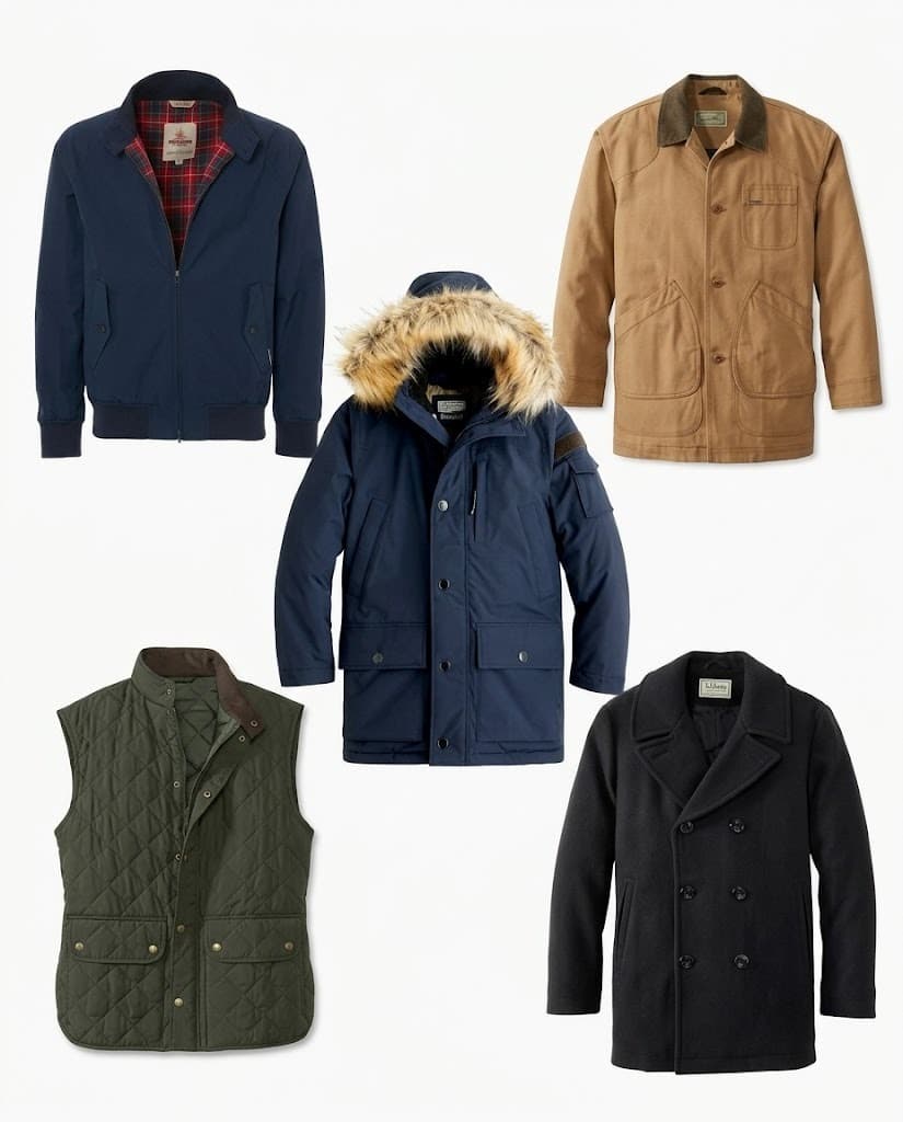 Men's jackets including navy bomber, tan chore coat, fur-hood parka, quilted vest and peacoat