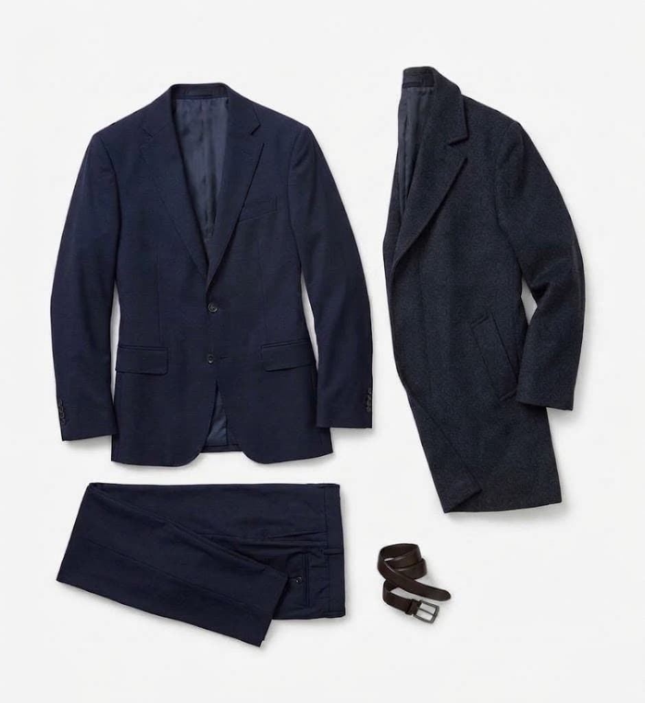Navy suit flat lay with charcoal overcoat and brown belt