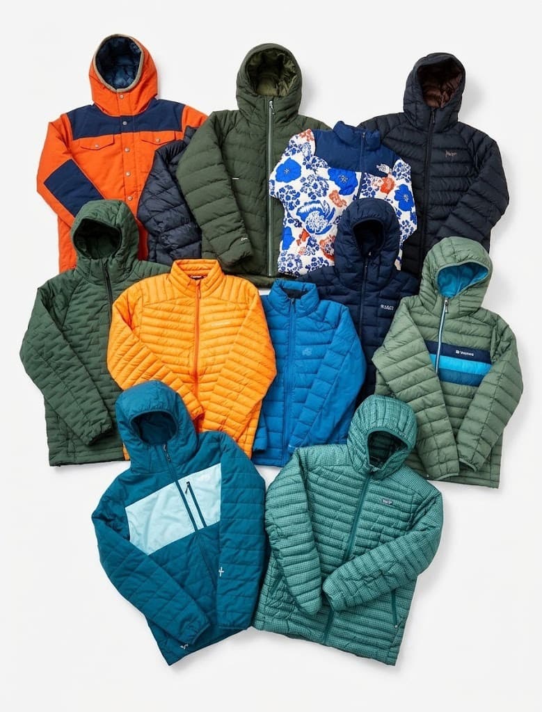 Assorted colorful quilted and hooded puffer jackets laid flat