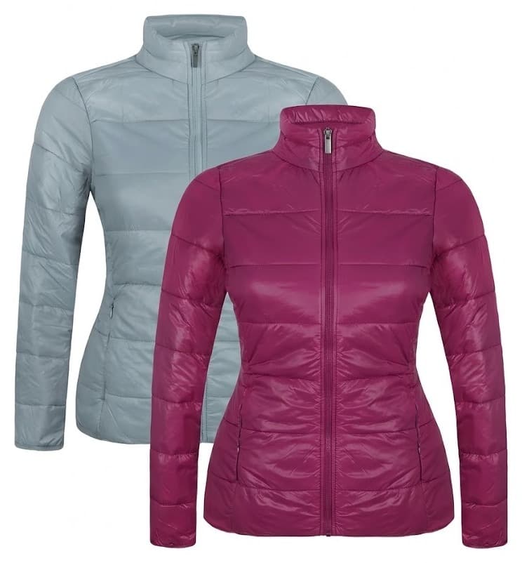 Women's lightweight zip puffer jackets in light blue and magenta