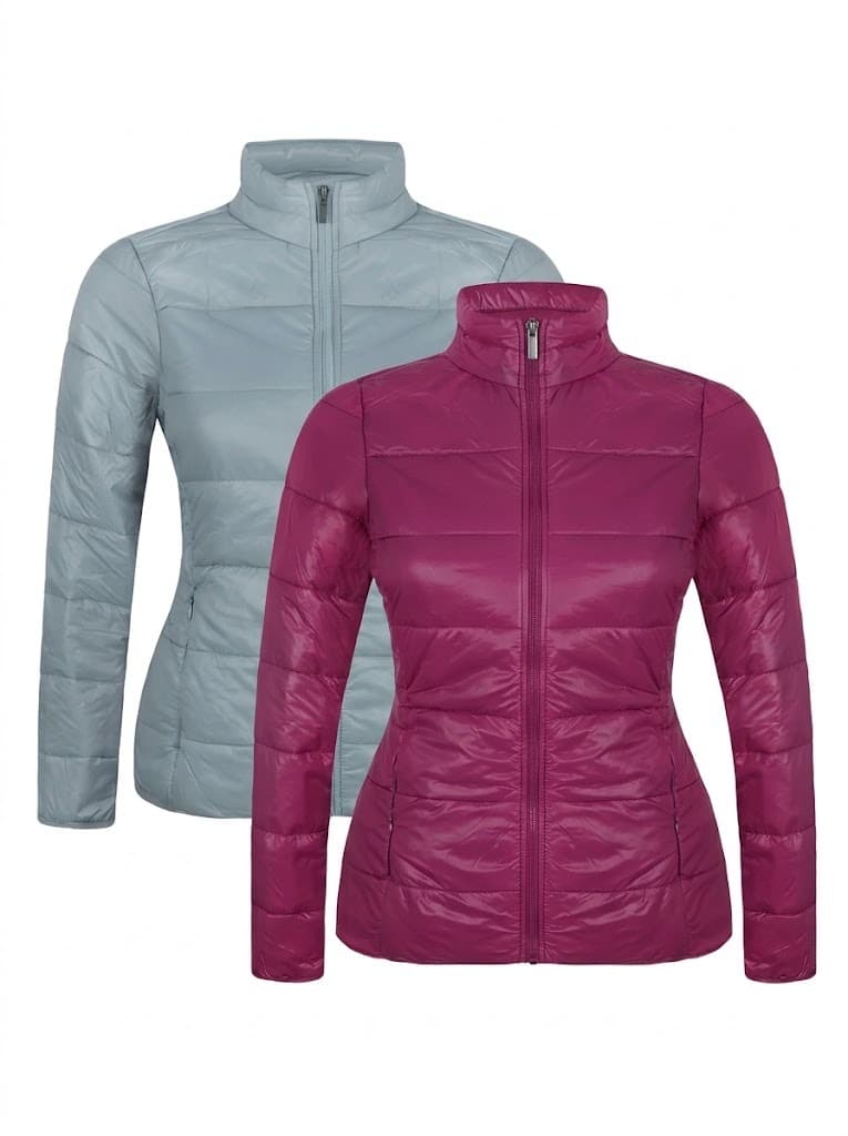 Women's lightweight zip puffer jackets in light blue and magenta