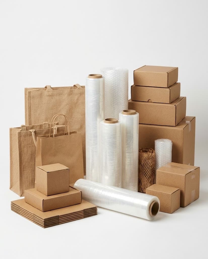 Stretch wrap rolls, kraft boxes, jute and paper bags packaging set