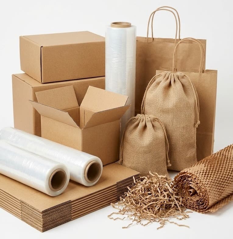 Kraft cardboard boxes, plastic wrap rolls, jute pouches and mailers