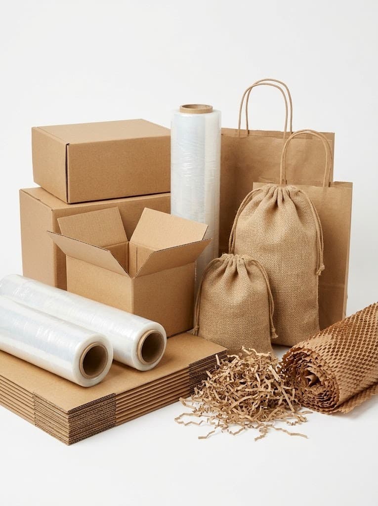 Kraft cardboard boxes, plastic wrap rolls, jute pouches and mailers