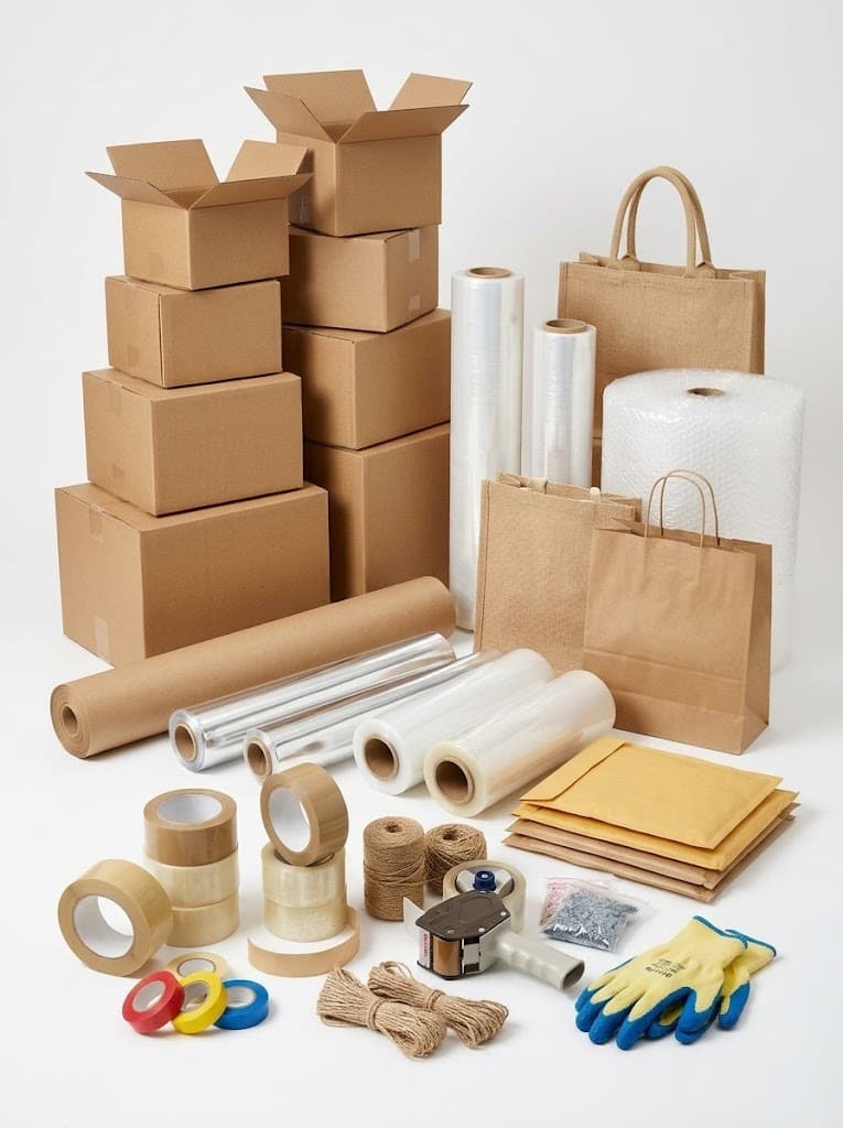 Shipping boxes, wrap rolls, paper bags, tapes and packing accessories