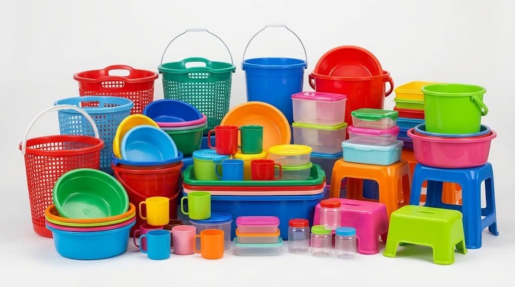 Plastic baskets, buckets, basins, mugs, containers and stools group shot