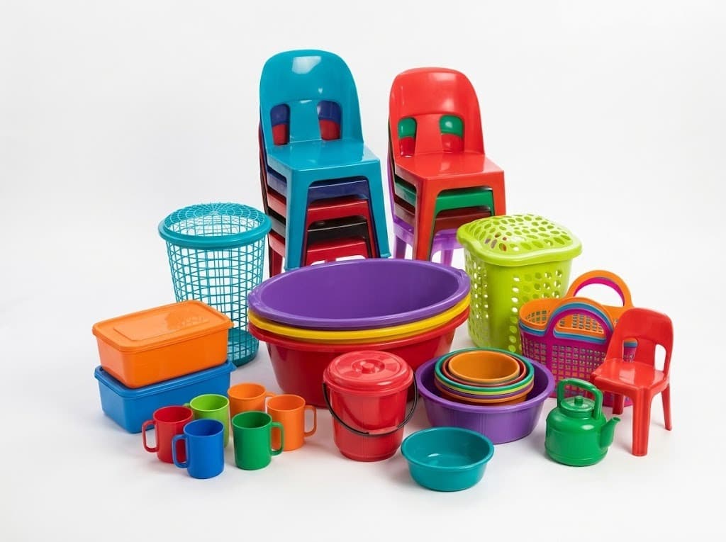 Plastic chairs, baskets, basins, mugs and buckets in assorted colors