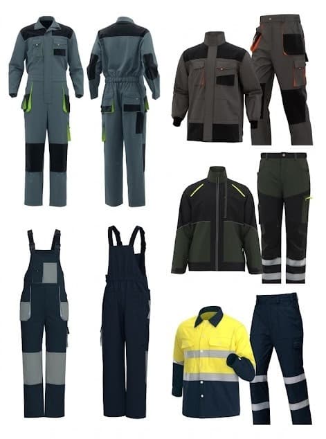 Workwear coveralls, bib overalls, jackets and hi-vis shirts in grey, green and navy