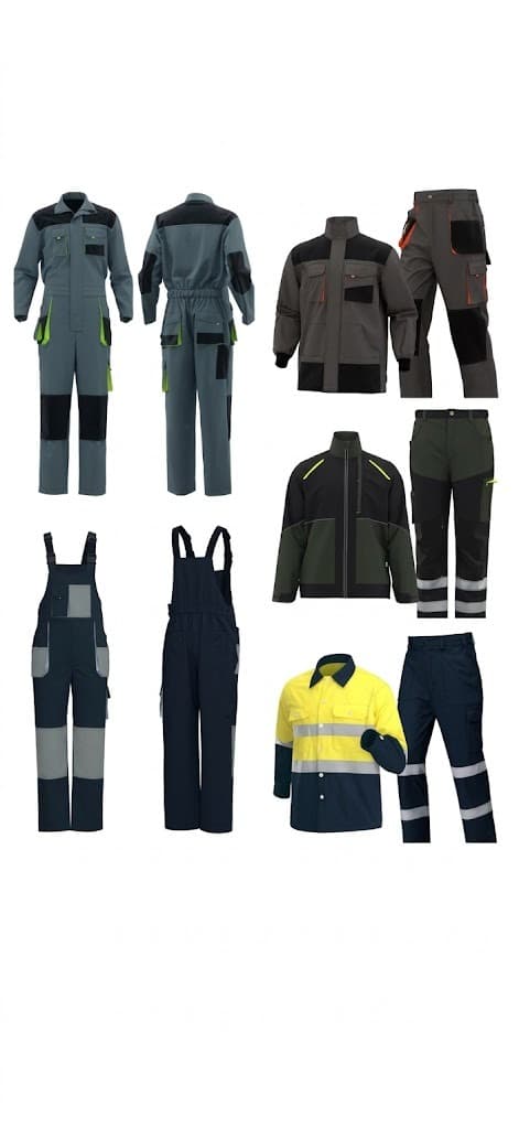 Workwear coveralls, bib overalls, jackets and hi-vis shirts in grey, green and navy