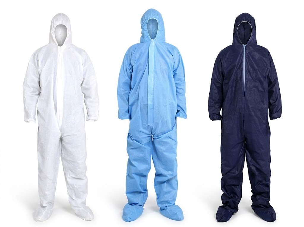 Hooded disposable protective coveralls in white, blue and navy