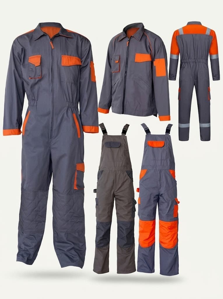 Grey and orange workwear coverall, jacket and bib overalls