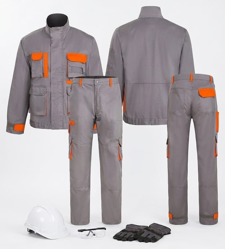 Grey workwear jacket and cargo pants with orange trim, helmet, gloves and goggles