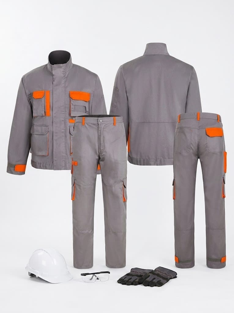 Grey workwear jacket and cargo pants with orange trim, helmet, gloves and goggles
