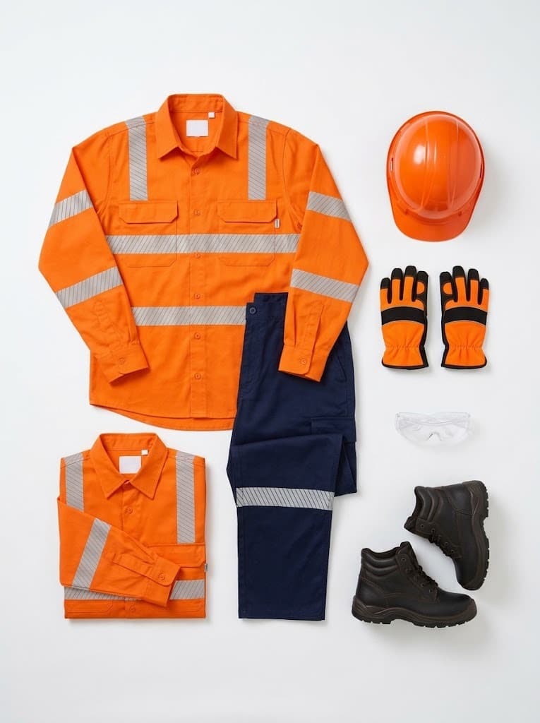 Orange hi-vis work shirt and navy pants flat lay with helmet, gloves, goggles and boots