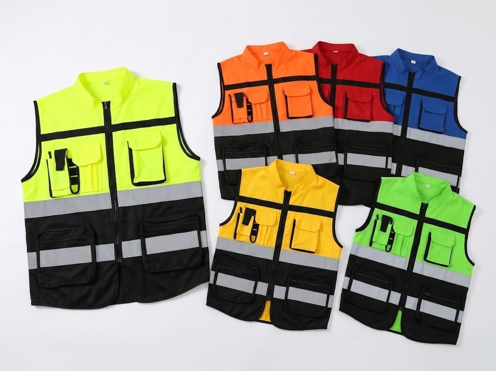 Hi-vis safety vests in yellow, orange, red, blue and green with reflective stripes