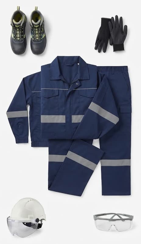 Navy hi-vis workwear flat lay with jacket, pants, boots, gloves, helmet and glasses