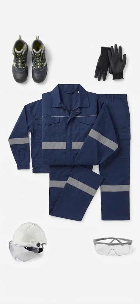 Navy hi-vis workwear flat lay with jacket, pants, boots, gloves, helmet and glasses