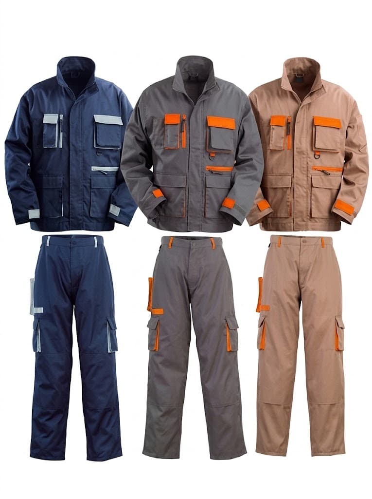Three workwear jacket and cargo pants sets in navy, grey and tan with orange accents