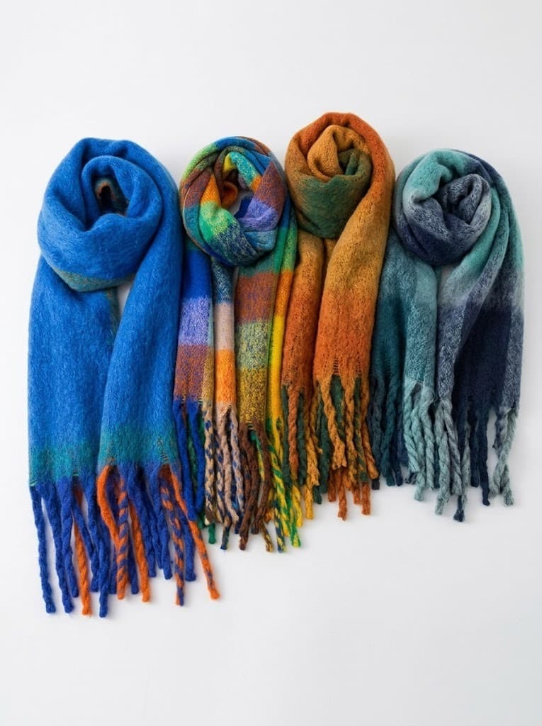 Four fringed wool-blend scarves in blue, multicolor plaid, orange and teal on white background