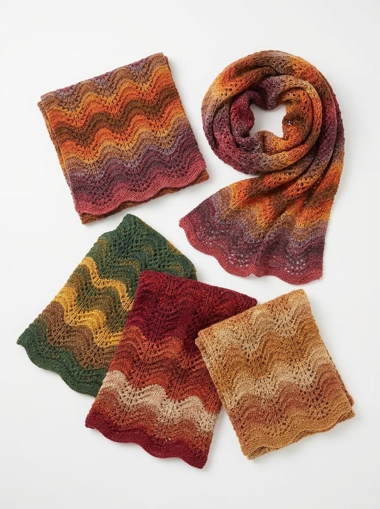 Lace knit scarves in rust, olive, burgundy and gold wavy patterns folded on white background