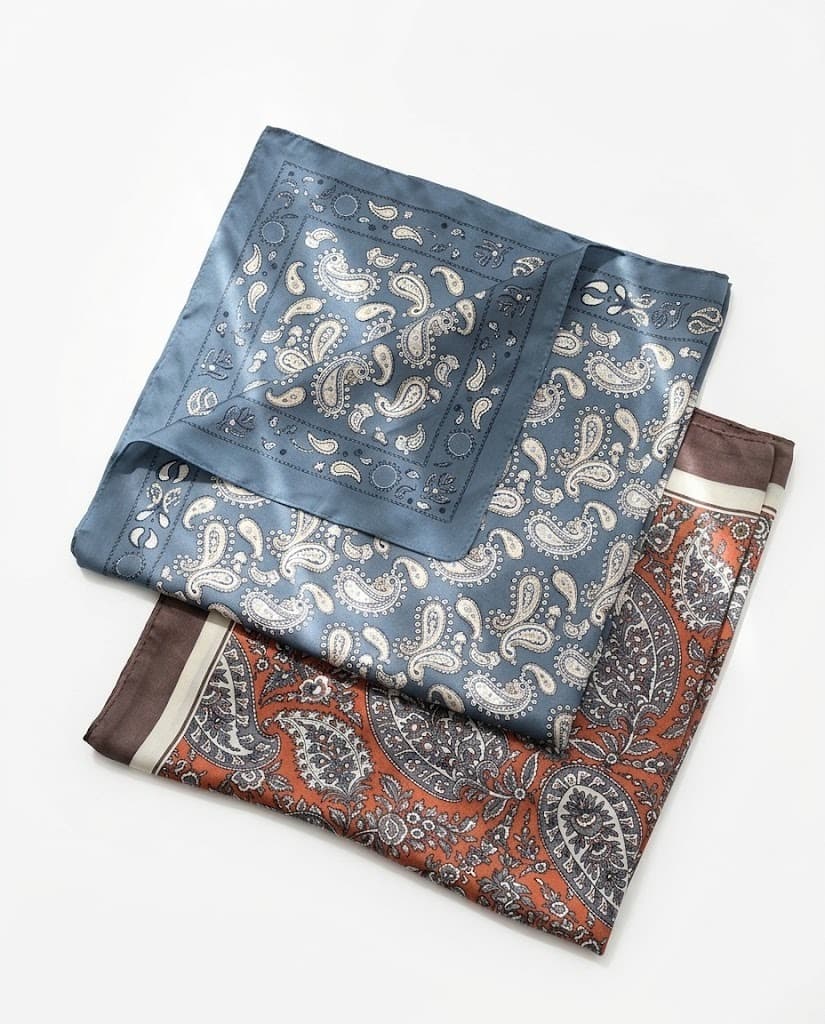 Folded paisley silk scarves in slate blue and rust brown