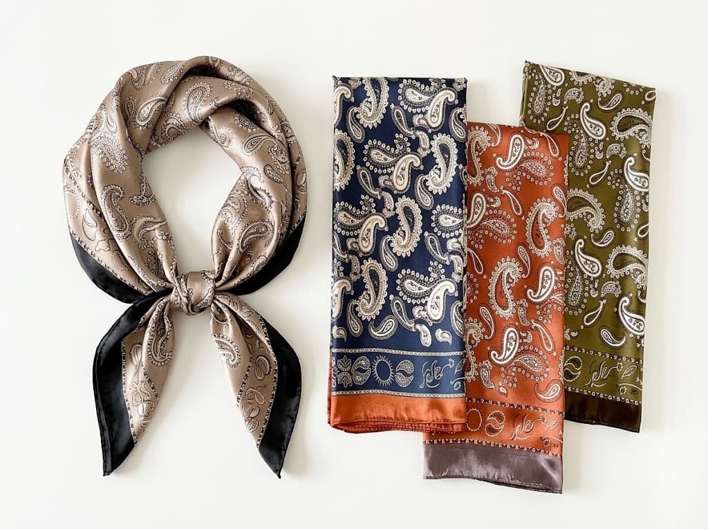 Paisley print silk scarves in taupe, navy, orange and olive arranged on white background