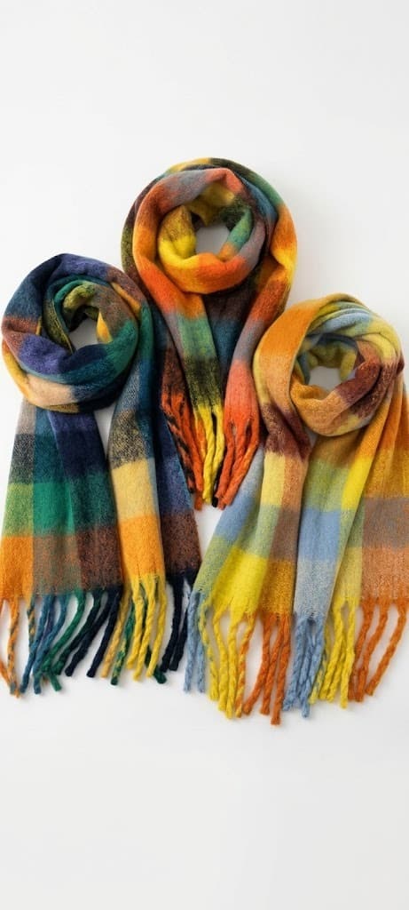 Three fringed plaid brushed scarves in yellow, green and navy tones on white background