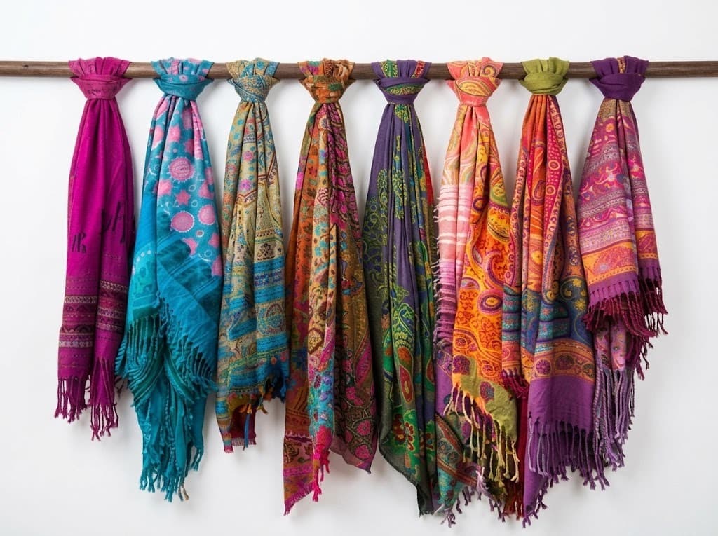 Printed pashmina scarves with fringe hanging on a rod