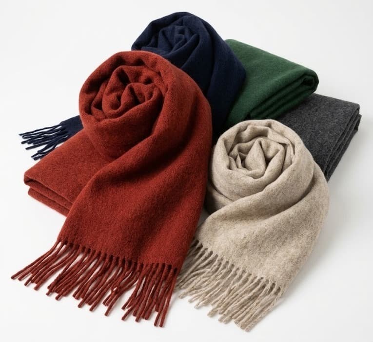 Rolled fringe wool scarves in rust, navy, green, beige and charcoal