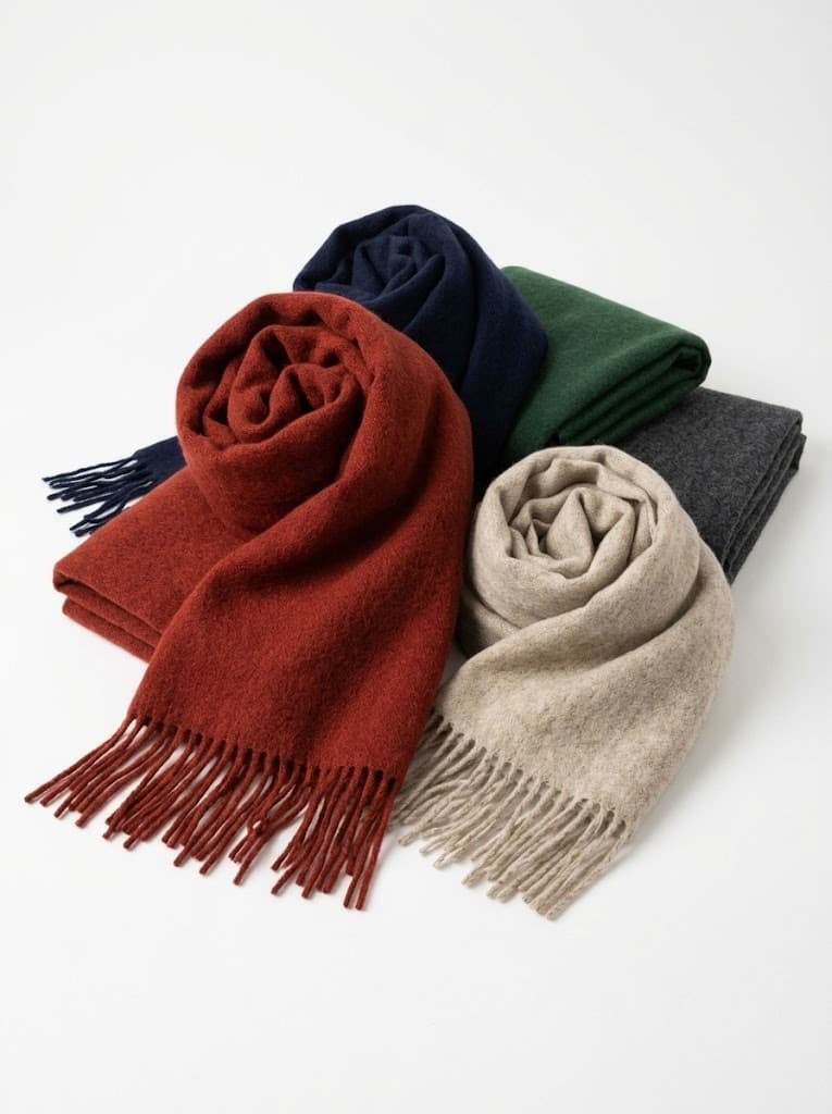 Rolled fringe wool scarves in rust, navy, green, beige and charcoal