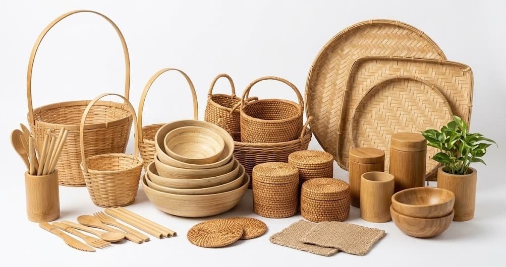 Bamboo baskets, bowls, trays, cutlery and containers group shot