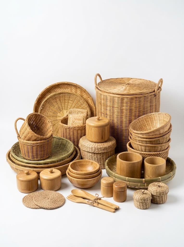 Woven bamboo baskets, storage jars, plates and bowls in natural tones