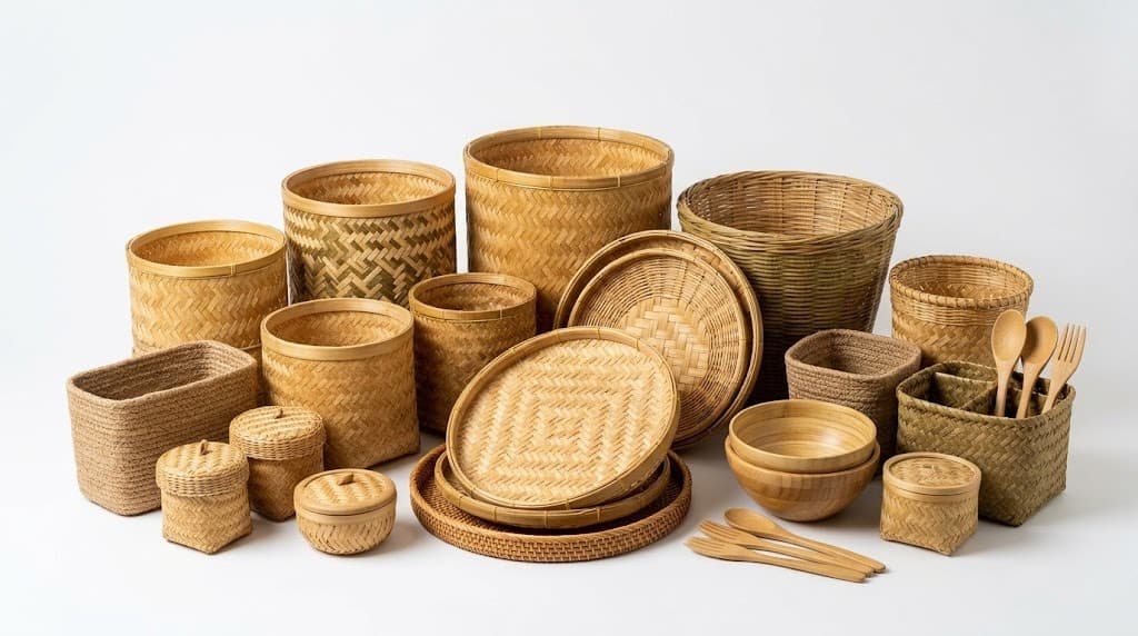 Bamboo and rattan baskets, trays and bowls with wooden cutlery