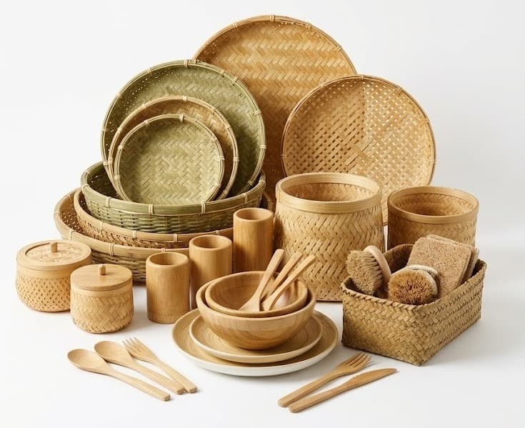 Bamboo plates, cups, baskets and wooden tableware arrangement