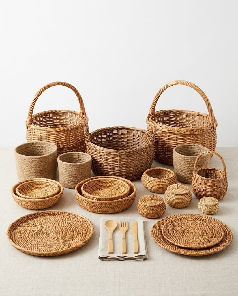 Woven baskets, rattan trays, bamboo bowls and dinnerware on white