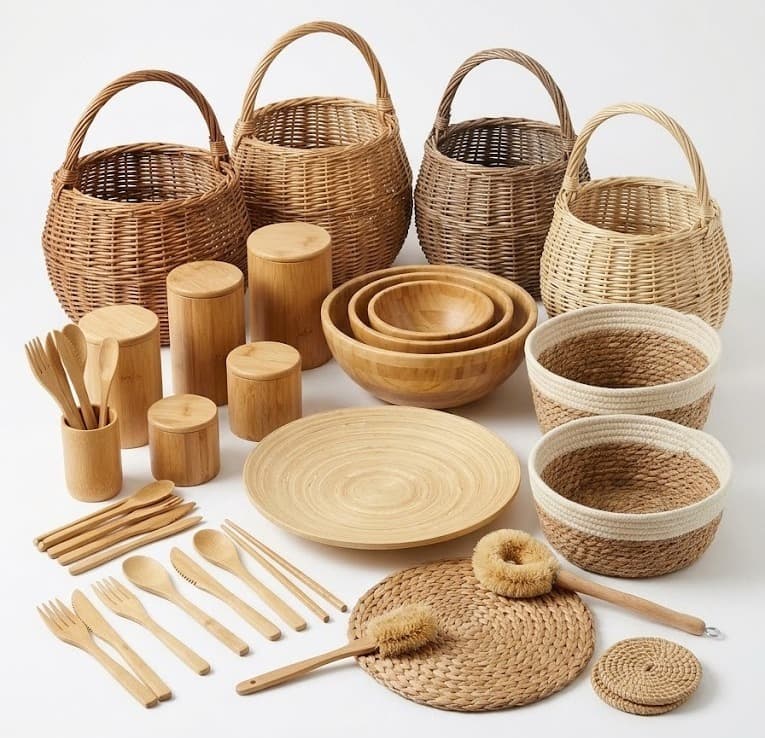 Bamboo baskets, bowls, cutlery, placemats and natural fiber brushes