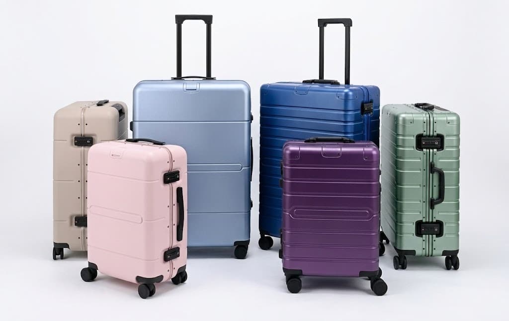 Colorful hard-shell spinner suitcases in beige, pink, blue, purple and mint on white background