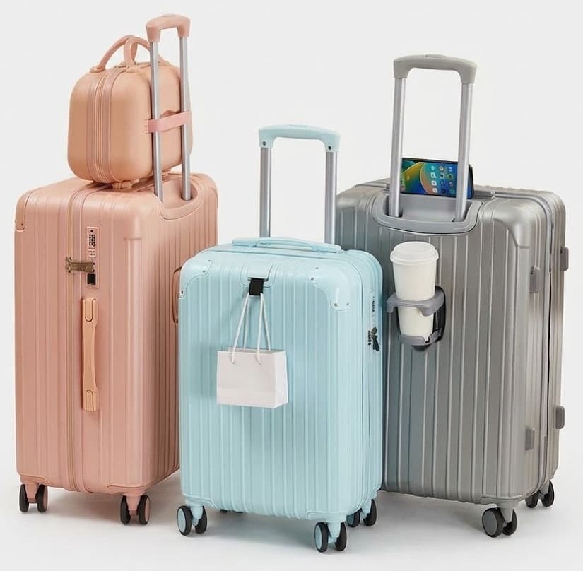 Peach, mint and silver trolley suitcases with phone holder, cup holder and matching vanity case