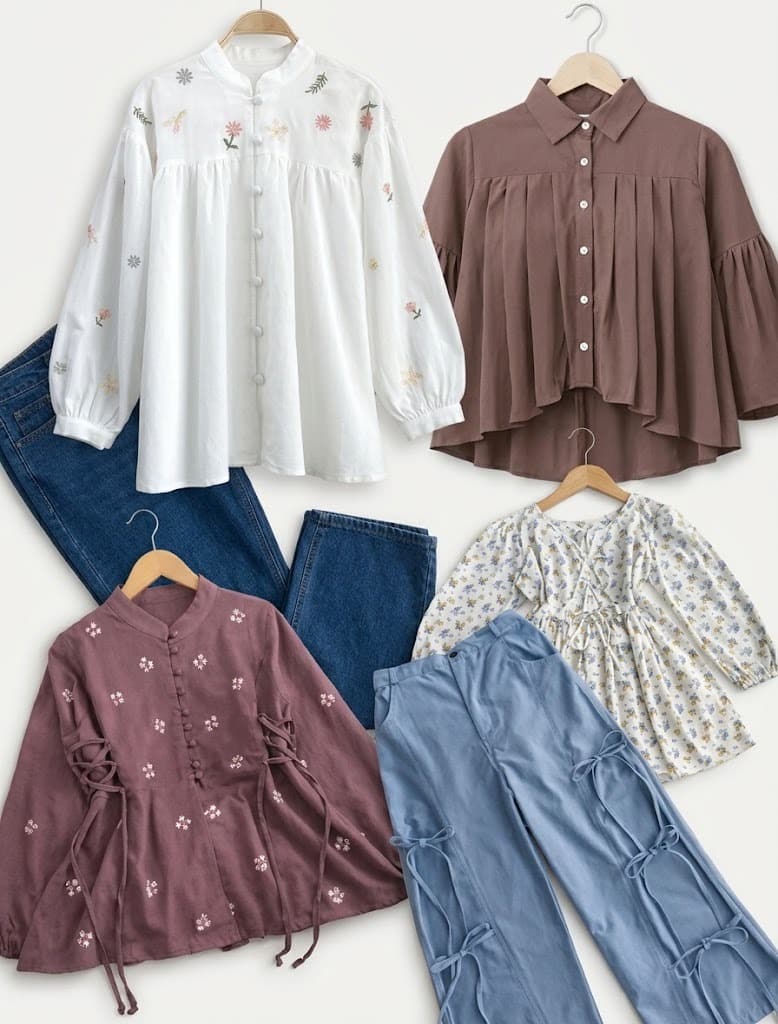 Embroidered women's blouses with jeans arranged on wooden hangers