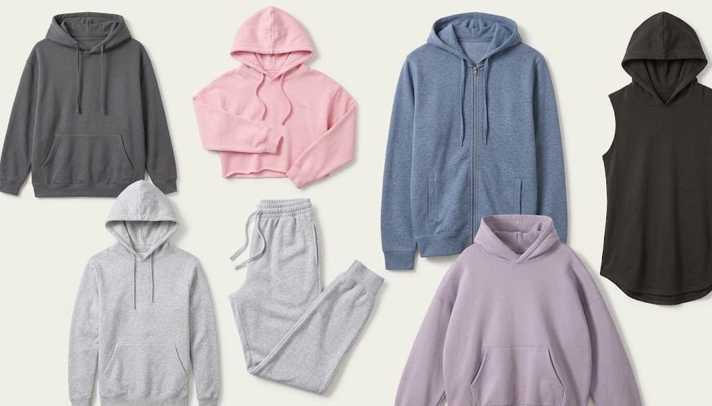 Assorted women's hoodies, zip jacket, joggers and sleeveless hoodie in grey, pink, blue and lilac