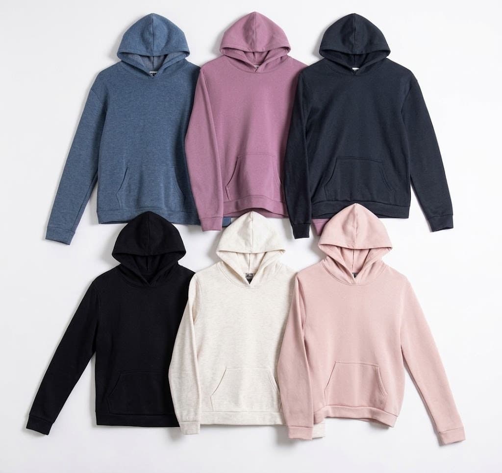 Six hoodies flat lay in blue, mauve, navy, black, cream and pink