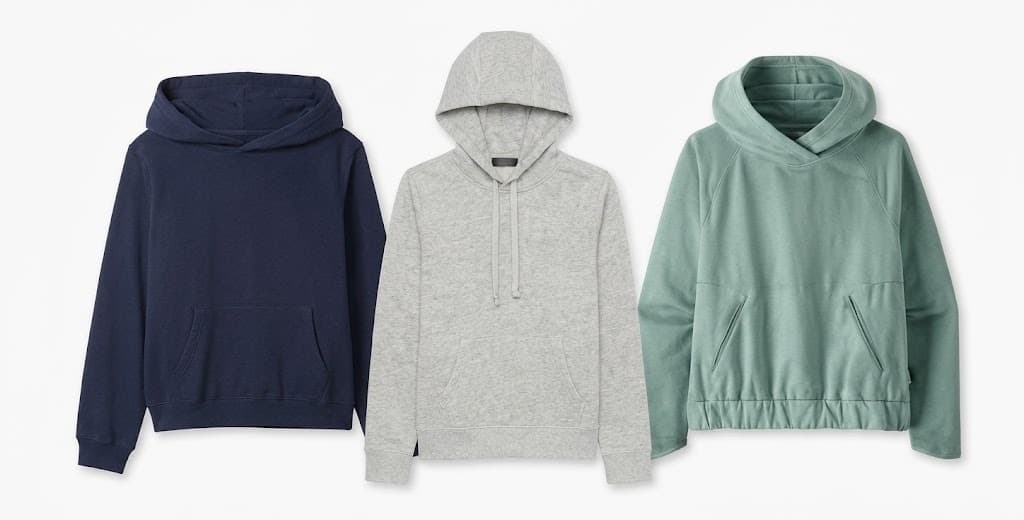 Three pullover hoodies in navy, grey and sage green