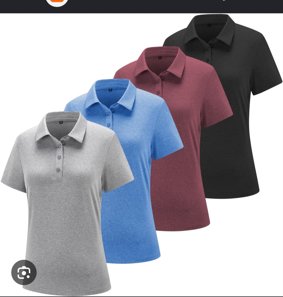 Four women's polo shirts in grey, blue, maroon and black arranged in a diagonal row