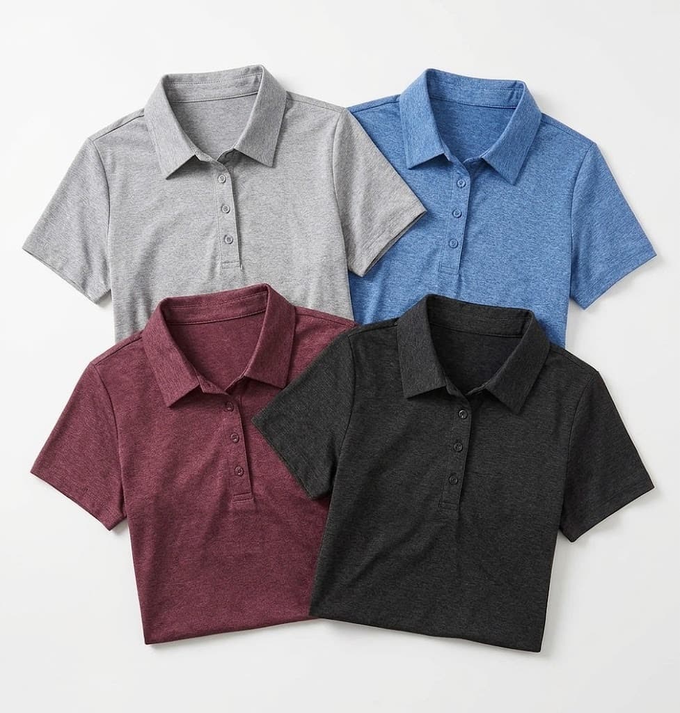 Four women's polo shirts in grey, blue, burgundy and charcoal