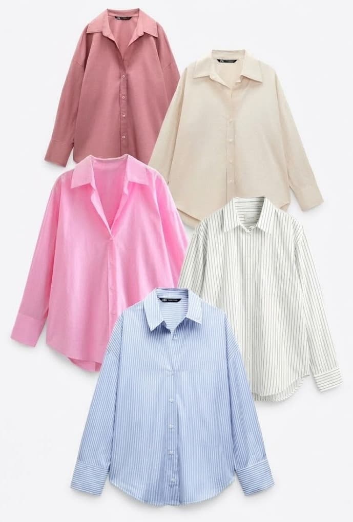 Women's button-up shirts in rose, cream, pink and blue stripes